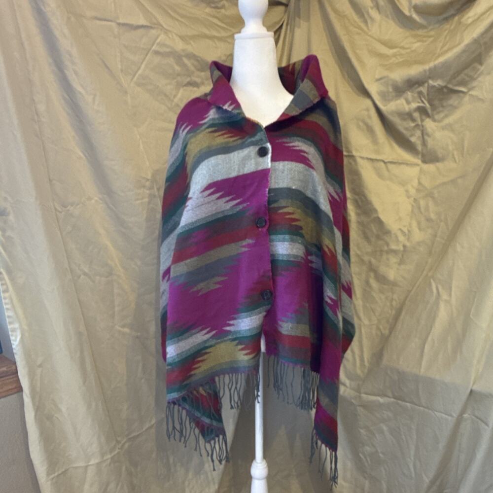 Geometric Southwestern Shawl Wrap with Button Closure and Fringe, Multicolor